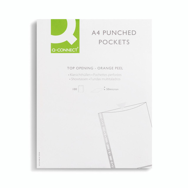 CW Office Q-Connect Punched Pockets A4 PK100, pack of 100 clear punched pockets with top opening and orange peel design for easy document access.