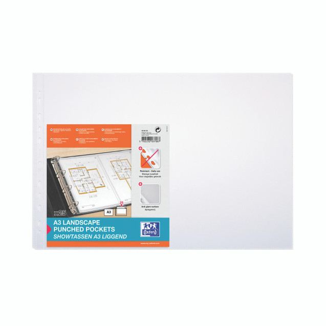 CW Office Oxford PP Pkt A3OB Topopen Clr P100, A3 landscape punched pockets in a transparent color for protecting and organizing documents.