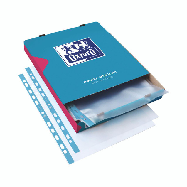 Product CW Office Oxford Pnchd Pckt A4 BLU/Clr P100, blue and pink file folder with transparent plastic pouches and perforated edges for documents.