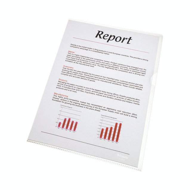 CW Office Rexel Nyrex Cut Flsh Fldr PFC/A4 P25, white file folder with a report document inside, featuring printed text and red bar graphs.