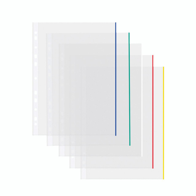 CW Office Coloured Edge Punch Pockets A4 PK100, set of 100 transparent plastic punched pockets with coloured edges in blue, green, red, and yellow for organizing documents.