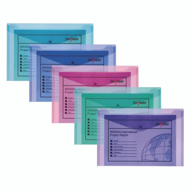 CW Office Snopake Polyfile Electra F/Sc AST 5, colorful plastic document folders in blue, pink, teal, purple, and violet, used for organizing and storing reports and paperwork.