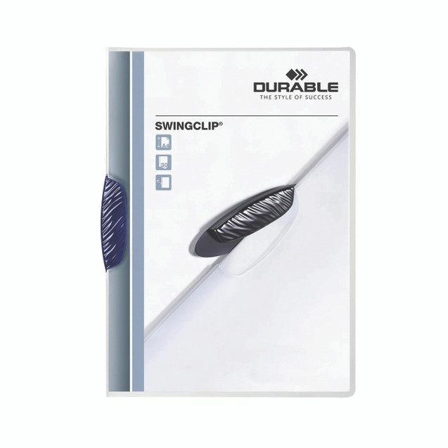 CW Office Durable Swingclip Folder Dk BLU PK25, dark blue swingclip folder with a slim design, showing the clip on the side for holding papers securely.