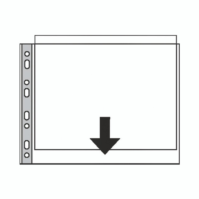 CW Office Esselte LS Punch Pocket A3 Clear PK10, illustration of an A3 clear punch pocket with a black downward arrow indicating insertion or placement, suitable for office or document organization.
