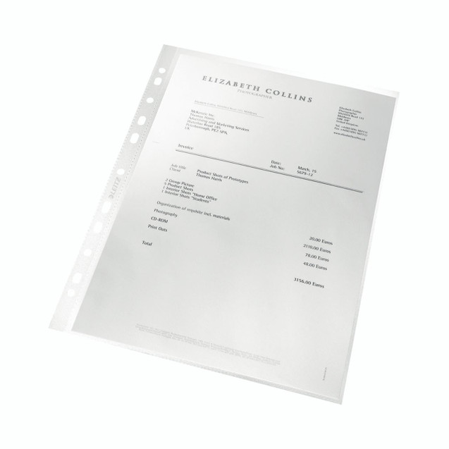 CW Office Leitz Recycle Punched Pockets PK100, transparent recycled plastic punched pockets for file organization.