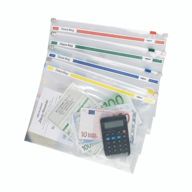 CW Office Snopake Zippa BAG A5 + AST PK25, transparent zippered document storage bag with multiple colored zippers, containing paper documents, currency notes, and a calculator