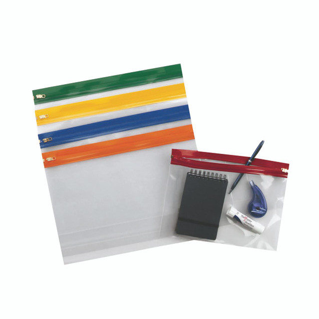CW Office Snopake Zippa BAG A5 Assorted PK25, set of 25 colorful zippered plastic document bags in assorted colors with accessories including a pen, notepad, correction tape, and glue stick.