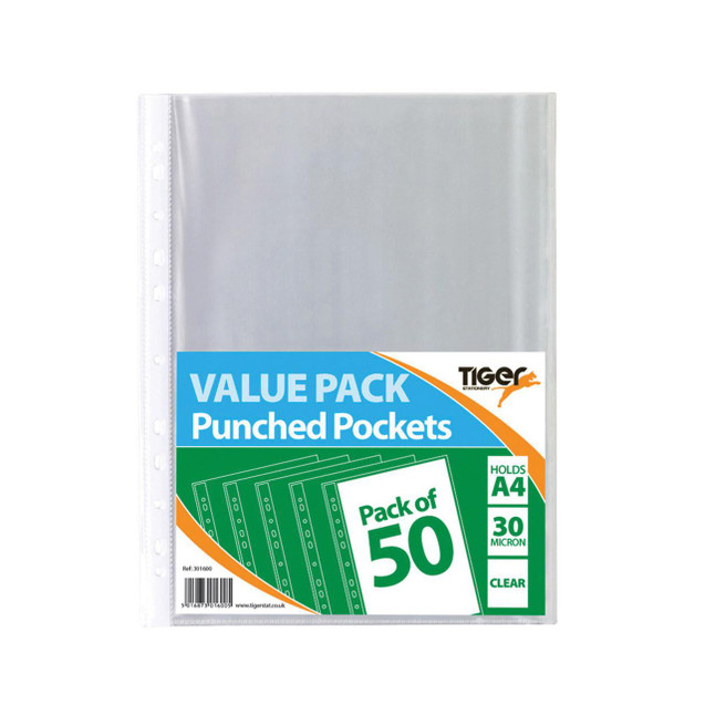 CW Office A4 Punched Pockets 10X50 PK500, transparent punched document pockets for office and school use.