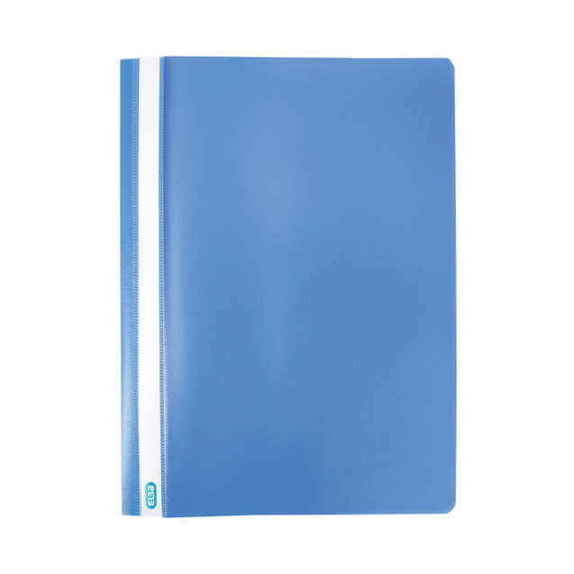 CW Office Elba Clearview Folder A4 Blue P50, photograph of a blue A4-sized clearview folder with white spine and elastic band closure.
