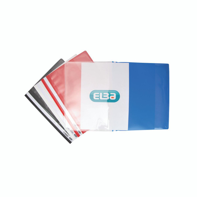 CW Office Elba Quotation Folder A4 AST PK25, image of colorful plastic A4 document folders stacked and fanned out on a white background.