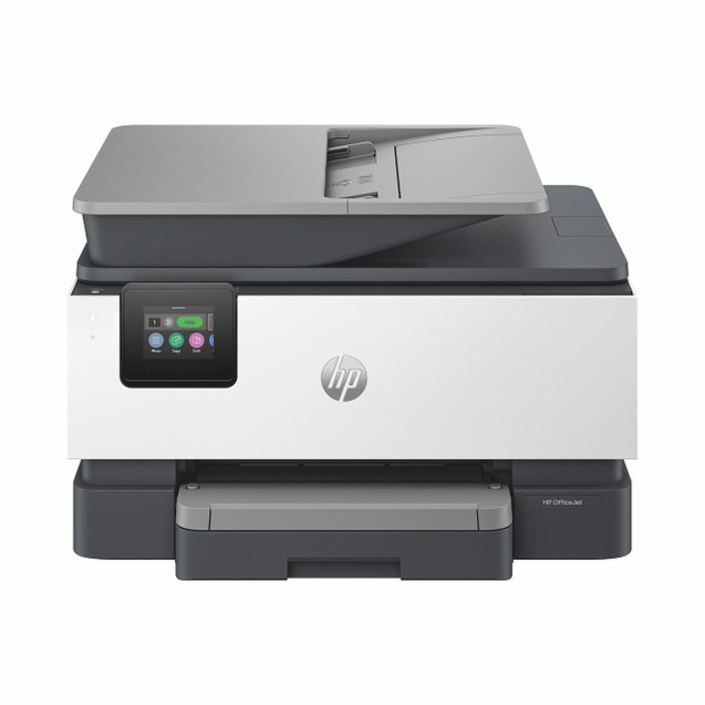 CW Office HP Officejet Pro 9120E Aio Printer, modern all-in-one black and white multifunction office printer with a touchscreen control panel and integrated scanner.