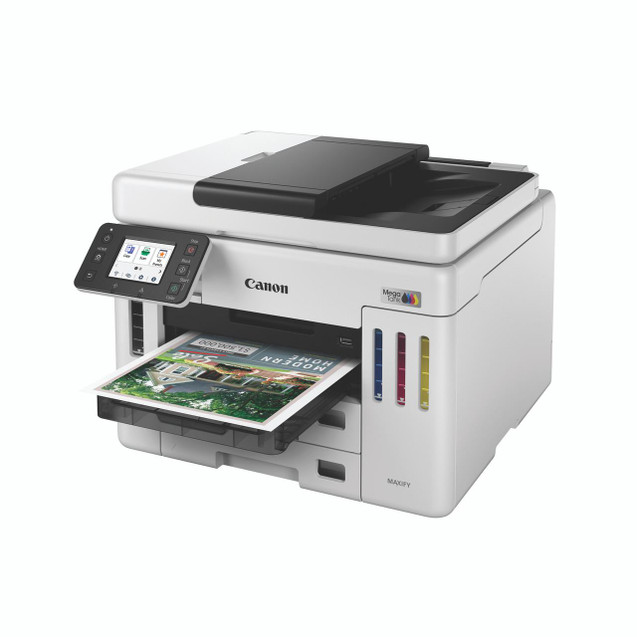CW Office Canon Maxify GX7150 Inkjet Printer, modern white color printer with touchscreen control panel printing colorful documents.
