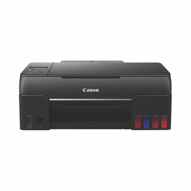 CW Office Canon Pixma G650 Inkjet Printer, black inkjet printer with four colored ink bottles at the front.