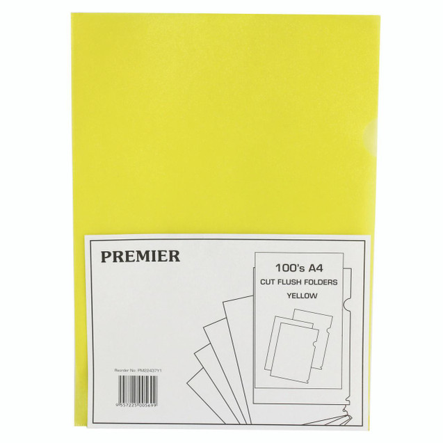 CW Office Yellow Cut Flush Folders PK100, yellow file folders for organization and storage.