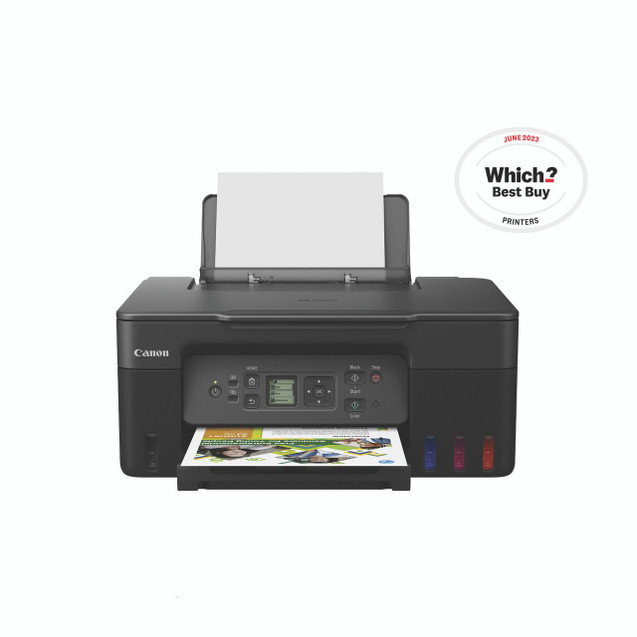 CW Office Canon Pixma G3570 Multifunction Printer Black, inkjet printer with sheet in tray, control panel with LCD screen, and compact design.