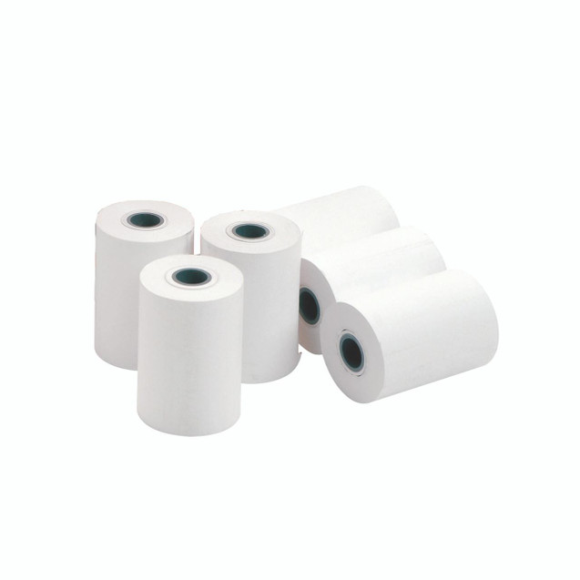 CW Office Tml Printer Roll 1-PLY 57X46MM PK20, a set of six white thermal printer paper rolls, each with a black central core, designed for office label and receipt printing.