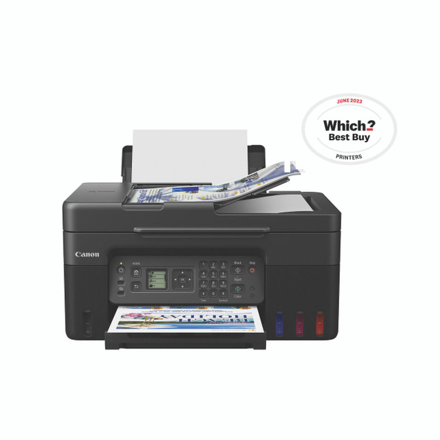 CW Office Canon Pixma G4570 4IN1 Printer A4, black multifunction inkjet printer printing colorful documents with a recognition badge for Which? Best Buy June 2023.