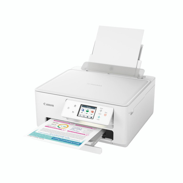CW Office Canon Pixma TS7650I Mf 3IN1 Printer, all-in-one white printer with touchscreen display printing a document.