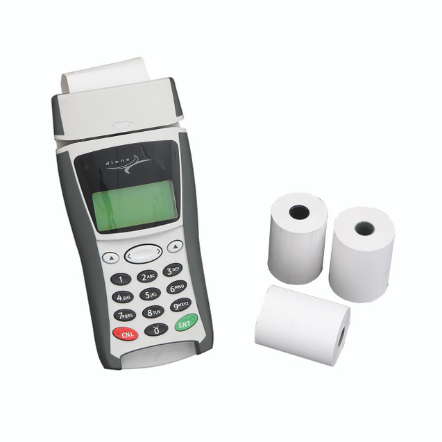 CW Office White Thermal Roll 57X30X12MM PK20, image showing white thermal paper rolls used for receipts and printing, alongside a handheld point of sale terminal.