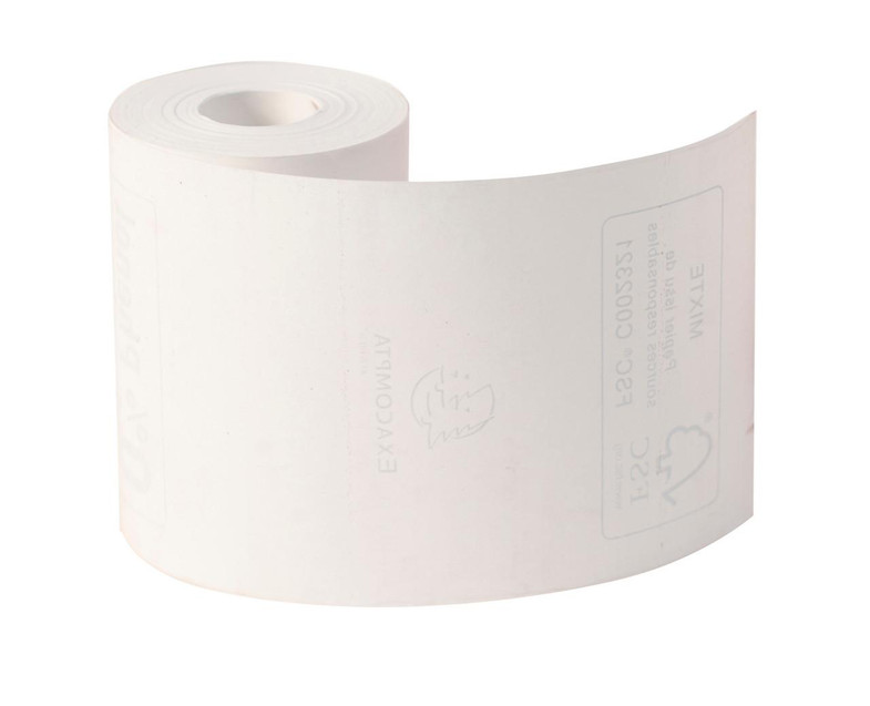 CW Office Exacompta Zero Plast Receipt 18M P20, white receipt roll product with visible specifications and recycling symbols.