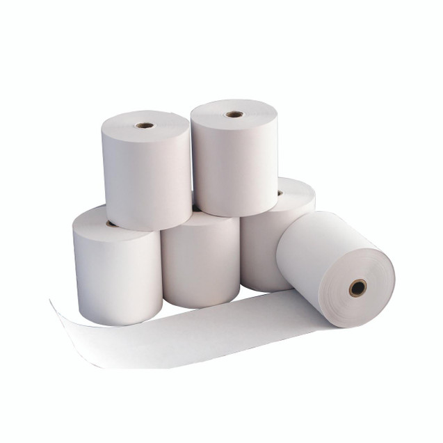 CW Office 5 Star Prestige Till Rolls 44MM P20, white paper till rolls stacked together with one unrolled to show the length and width