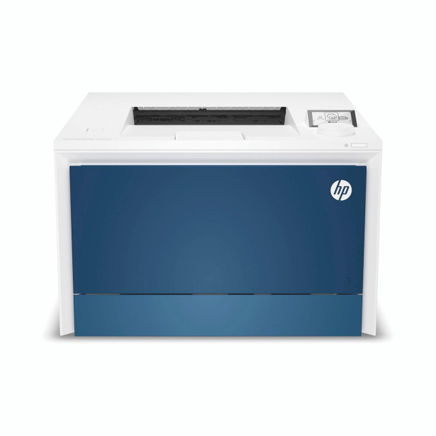 CW Office HP Color LaserJet Pro 4202DW Printer, front view of a modern color laser printer with a white top and blue front panel, featuring an LCD screen and control buttons on the right side.