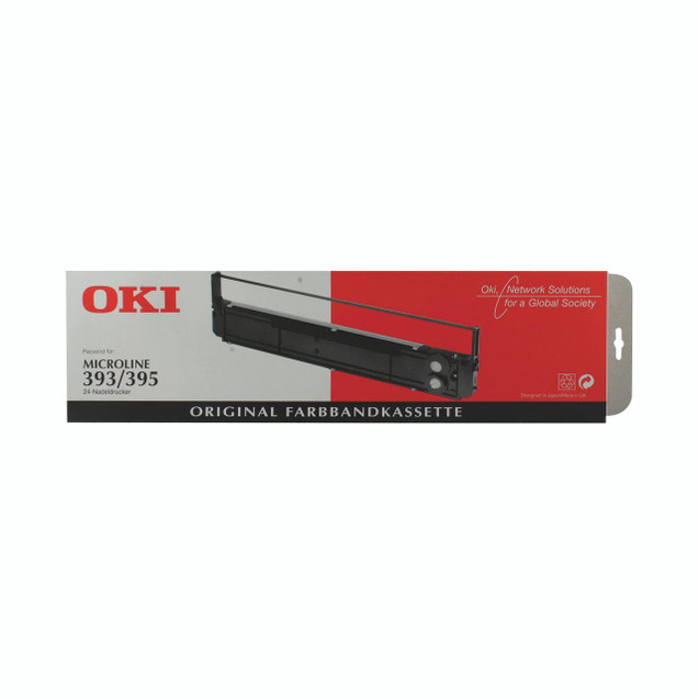 CW Office OKI ML393B/395B Black Fabric Ribbon, original product packaging with an image of the black fabric ribbon cartridge for compatible printers.
