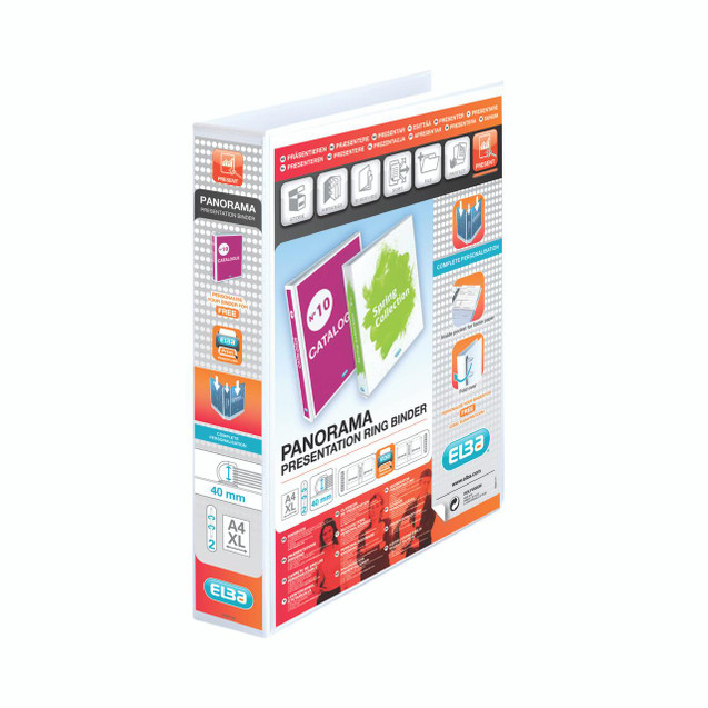 CW Office Elba Presentation Ring Binder, white 2D 40mm A4 size, pack of 6, with detailed packaging showcasing features and branding.