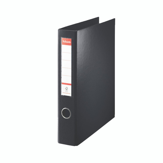 CW Office Esselte 4D Rbndr A4 40MM Black 82407, black document ring binder with a label holder on the spine.