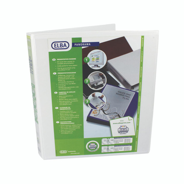 CW Office Elba Pres R/Binder 2D 25MM A4 WHT P6, a white presentation binder with a clear pocket for customizable covers, designed for organizing documents and reports.