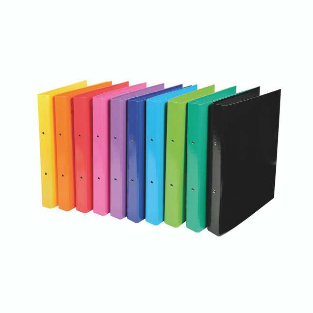CW Office Iderama A4 2 Ring Binder AST PK10, set of ten colorful plastic binders in yellow, orange, pink, purple, blue, green, and black for office or school organization.