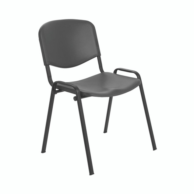 CW Office Jemini Mpps Stacking Chair PP Char, a black plastic seat and backrest with metal frame and armrests designed for office use.