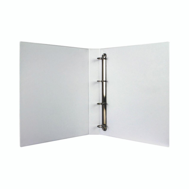 CW Office White 25MM 4D Presentation Binder PK10, open white presentation binder with metal rings for holding documents.