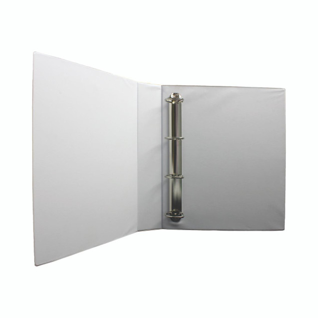 CW Office White 40MM 4D Presentation Binder PK10, open white presentation binder with metal rings and inner pages for organizing documents.