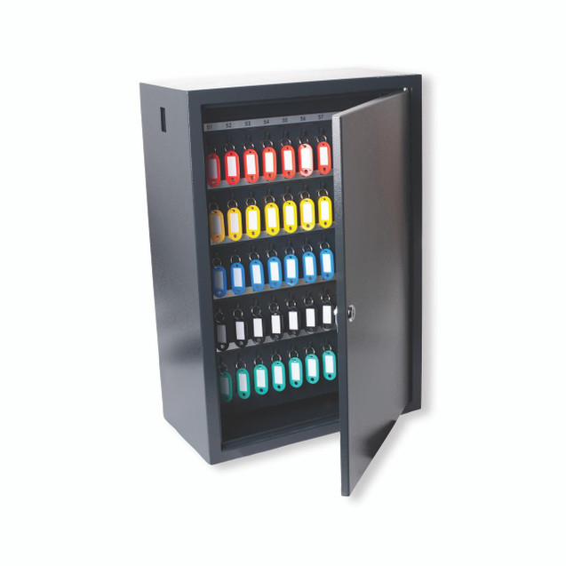 CW Office 5 Star Key Cab 300 Key Cap Dark GREY, a secure metal key cabinet with a partially open door and colorful key tags hanging inside.