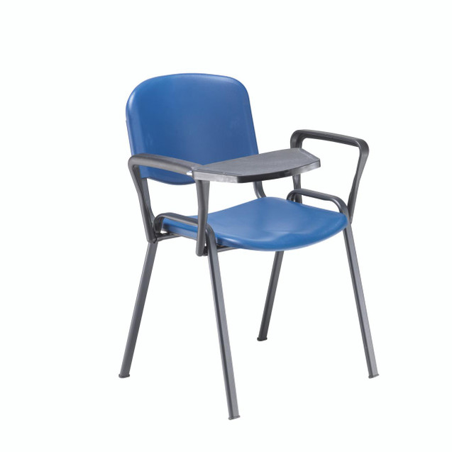 CW Office Jemini Chair Arm And Writing Black, office chair with blue cushions, black armrests, and a attached writing desk, in a modern office furniture style