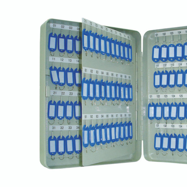 CW Office Q-Connect 140 Key Cab Wall Mounted, blue key tags organized on metal hooks inside a wall-mounted metal cabinet.