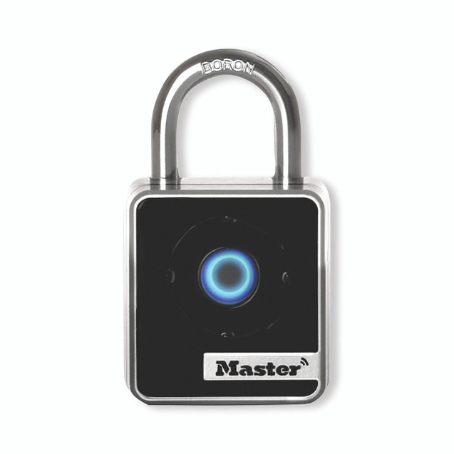 CW Office Master Lock Indoor Bluetooth Padlock, small electronic padlock with illuminated circular button and metal shackle.