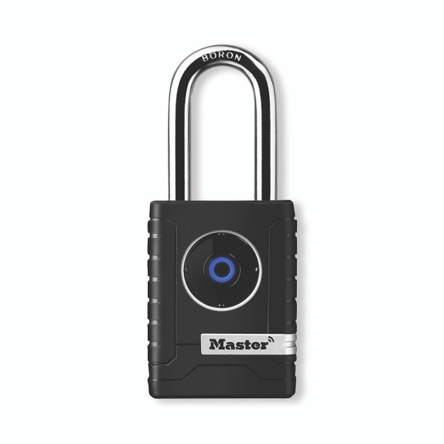 CW Office Master Lock Otd Bluetooth Padlock, black smart padlock with Bluetooth connectivity and keyless access.