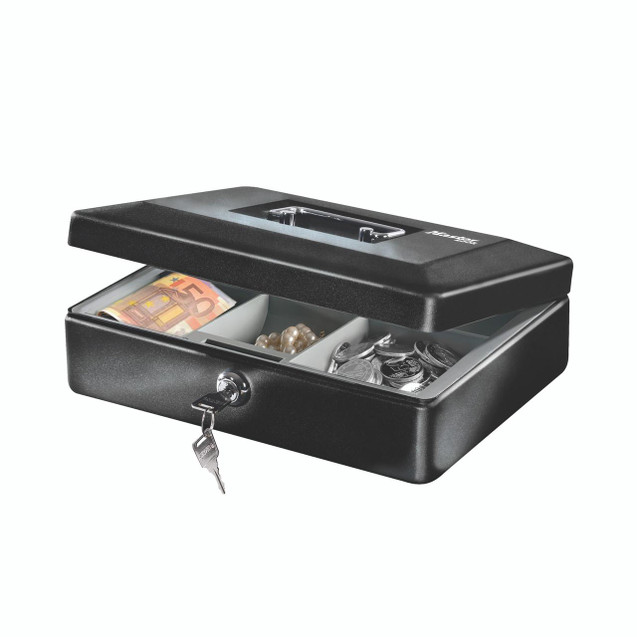 CW Office Master Lock Small Cash Box Key Lock, portable cash storage box with secure lock and compartments for coins, bills, and jewelry.