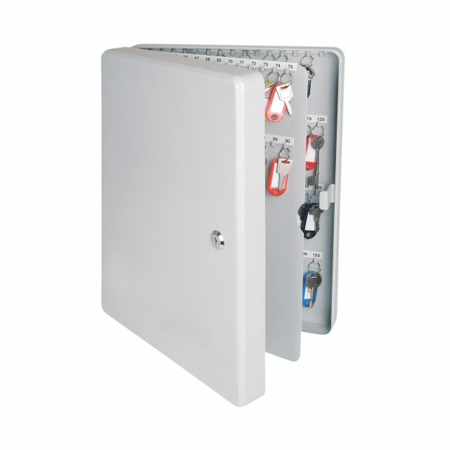 CW Office Helix Std Key Cabinet 150 Key Cap, white key cabinet with keys hanging inside for secure key storage.