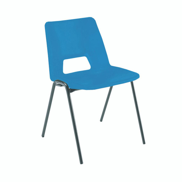 CW Office Jemini Stacking Chair, blue polypropylene seat with opening and metal legs.