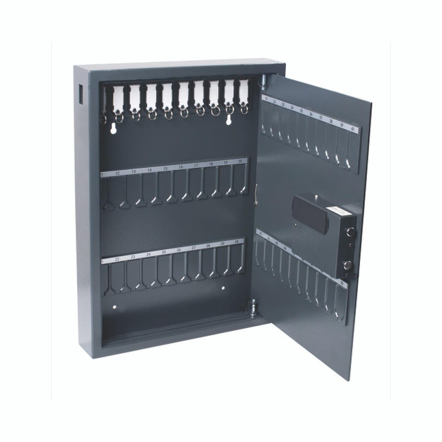 CW Office Magnettag Key Cab 50 Key Cap D/GRY, gray security key cabinet with hooks and numbered key slots for organizing 50 keys.