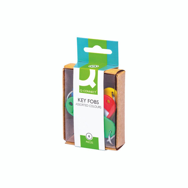 CW Office Q-Connect Key Fobs Assorted PK6 PK10, colorful plastic key fobs with metal rings in packaging.