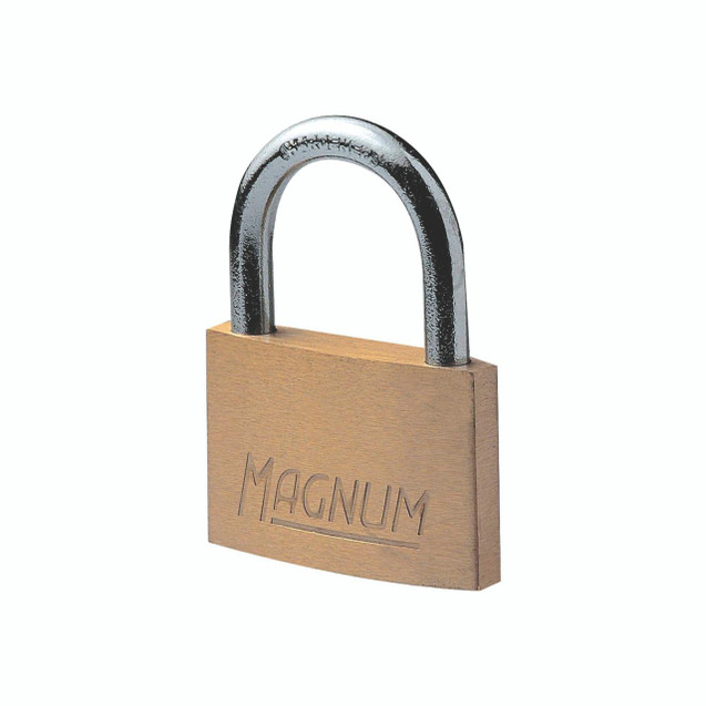 CW Office Magnum Padlock Brass 30MM 40043, brass padlock with a U-shaped steel shackle and wooden body engraved with 'Magnum' for security and durability.