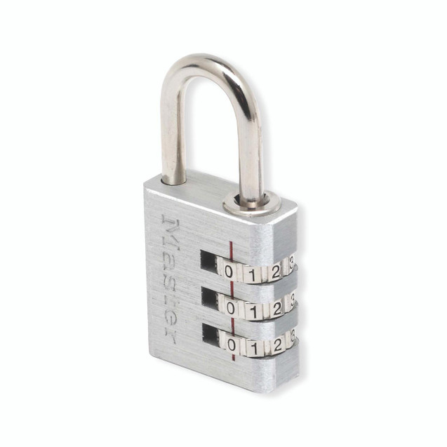CW Office Msterlck Padlock Combi Aluminum 30mm, close-up of a silver metal combination padlock with a curved shackle and rotary dials in black and white with red lines.
