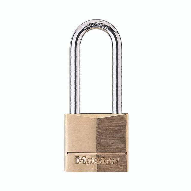 CW Office Master Lock 40MM Brass Padlock with 2 Keys, close-up of the brass padlock with a silver shackle.