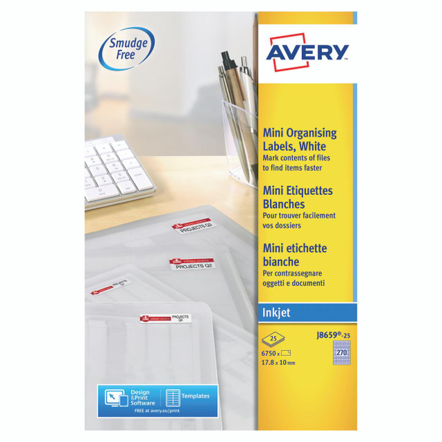 CW Office Avery Mini Ijet Label 270/SHT 25SHTS, product packaging with labels and stationery items on a desk.