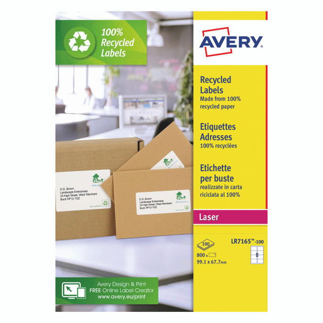 CW Office Avery Recycled Address Labels 99.1x67.7mm, pack of 100, made from 100% recycled paper, designed for laser printers.