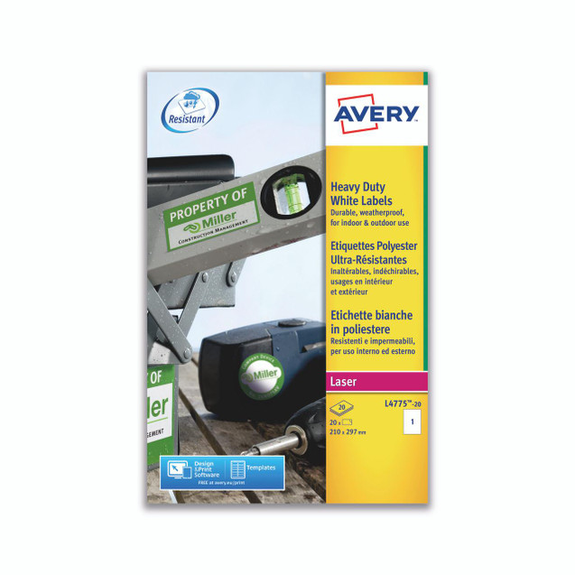 CW Office Avery HDUT Labels 1/SH White PK20, heavy duty weatherproof polyester labels for indoor and outdoor use